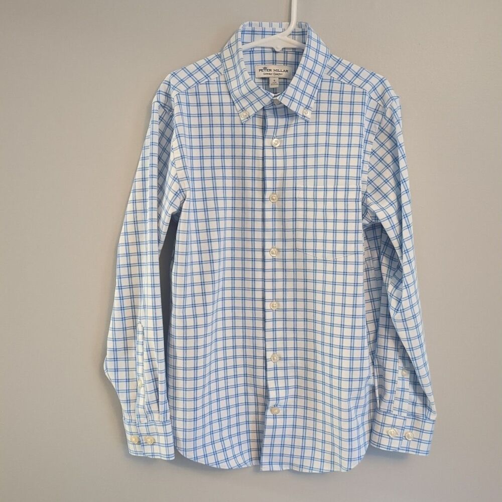 Peter Millar Summer Comfort Blue White Windowpane Check Button Down Shirt Small